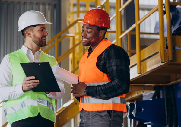 Inspector and african american worker in a factory